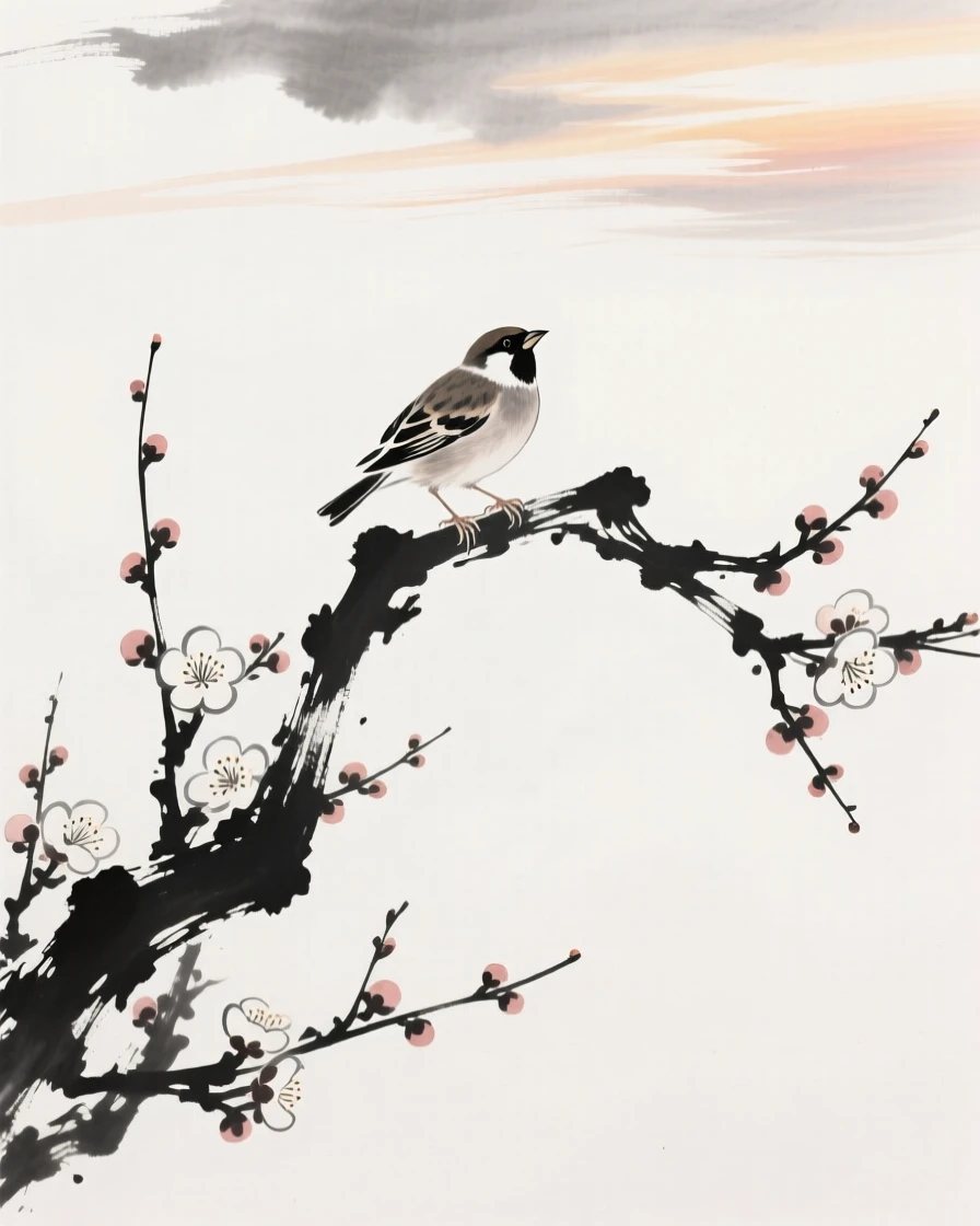 A finch sings from atop a flowering plum tree, beneath a sky streaked with the colors of dawn.