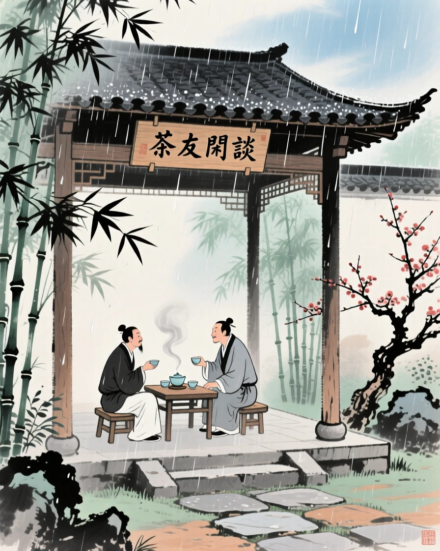 Two friends sharing tea in a quiet garden pavilion, in a gentle drizzle, at midday, suffused with quiet joy.