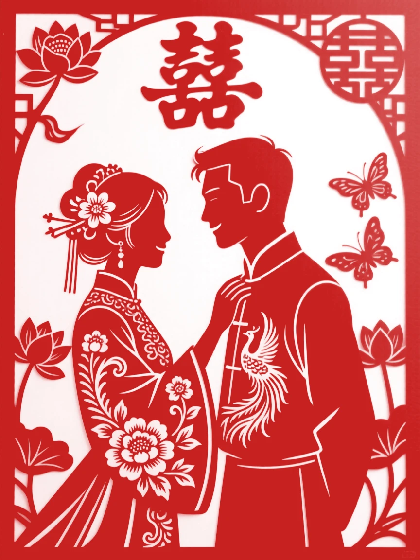 A bride adjusting her groom's collar with a tender smile, both dressed in matching embroidered red silk