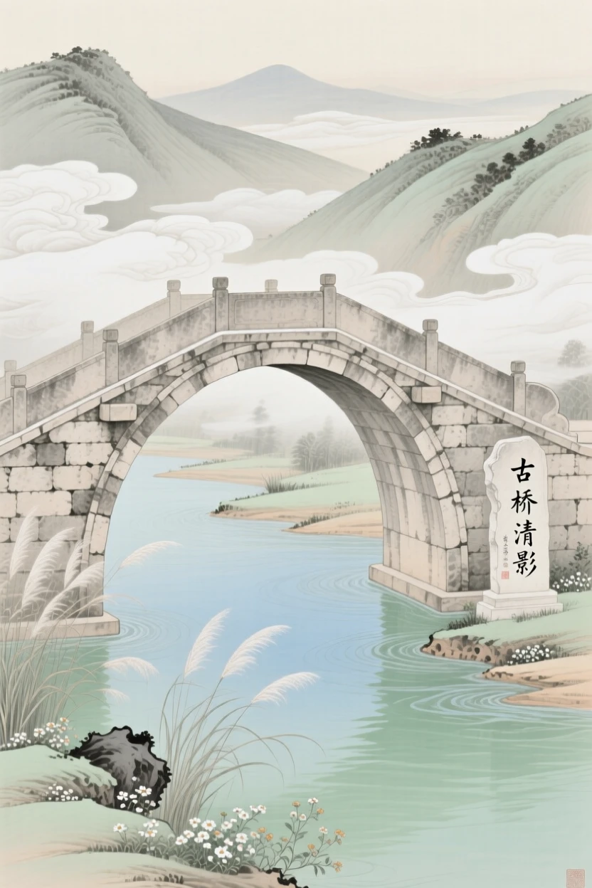 An ancient stone bridge arching over a slow river, with wisps of cloud drifting through the valley below