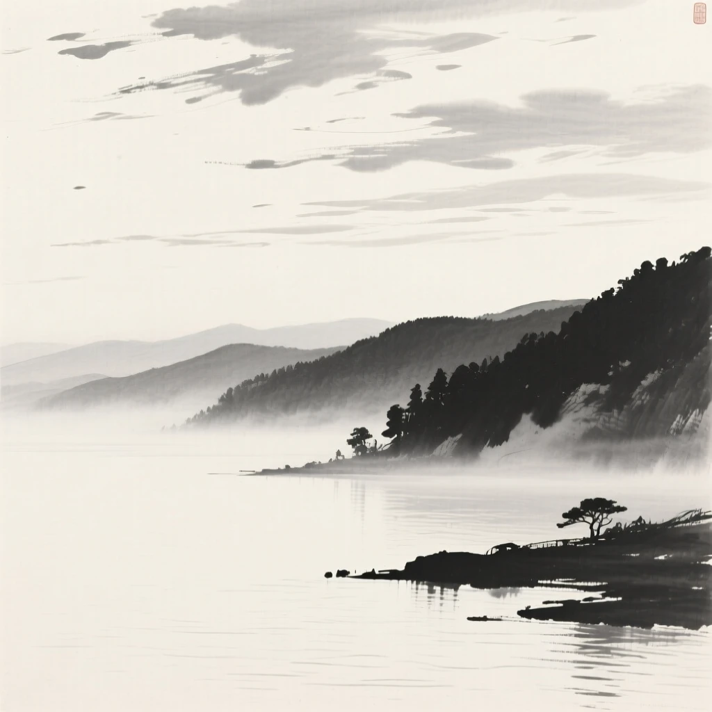 A remote valley wrapped in low-lying morning mist under a wide open sky scattered with drifting clouds, seen from across the water, the far shore reduced to soft silhouette, suggesting the quiet vastness of the natural world.