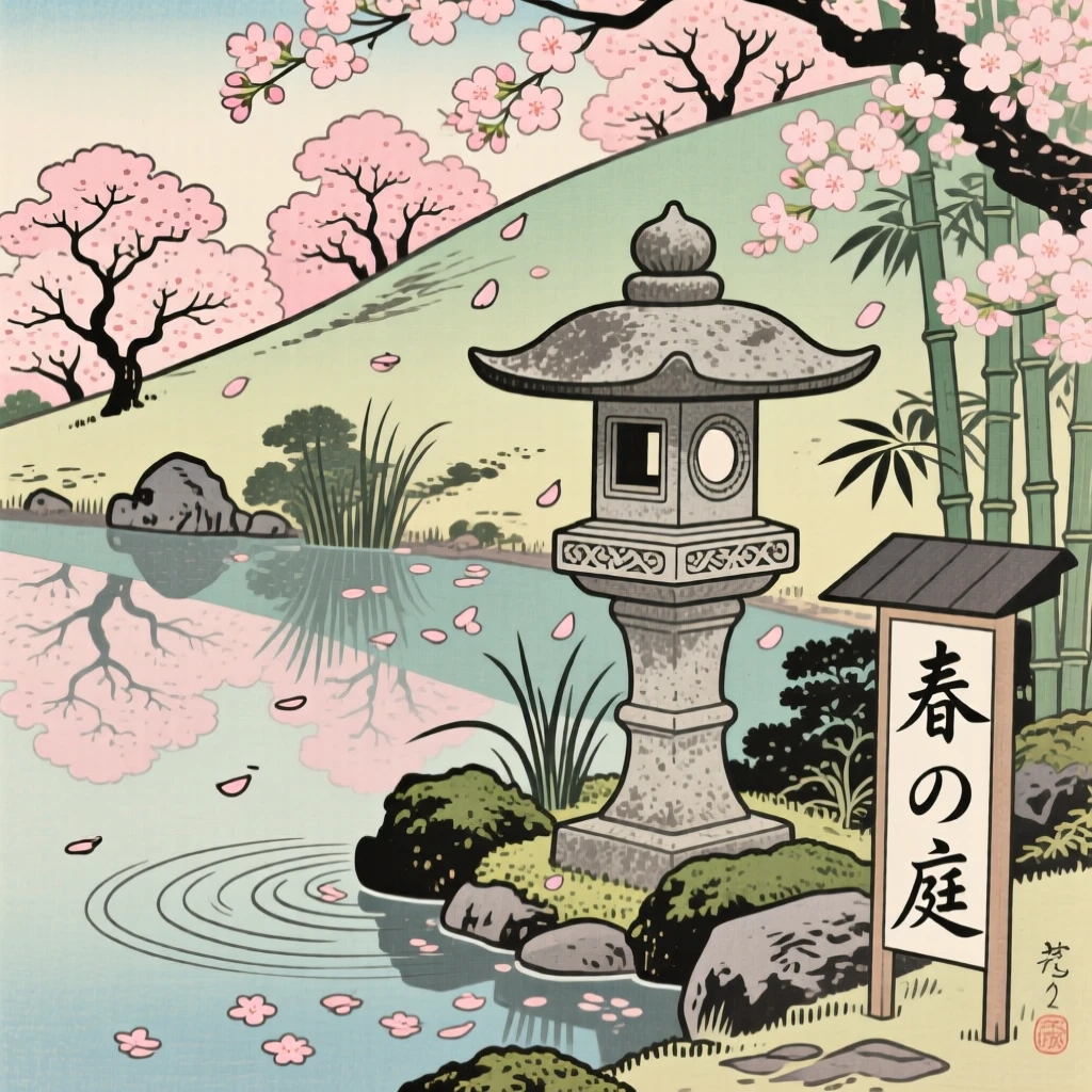 A stone lantern beside a garden pond, dotted with drifting cherry blossom petals.