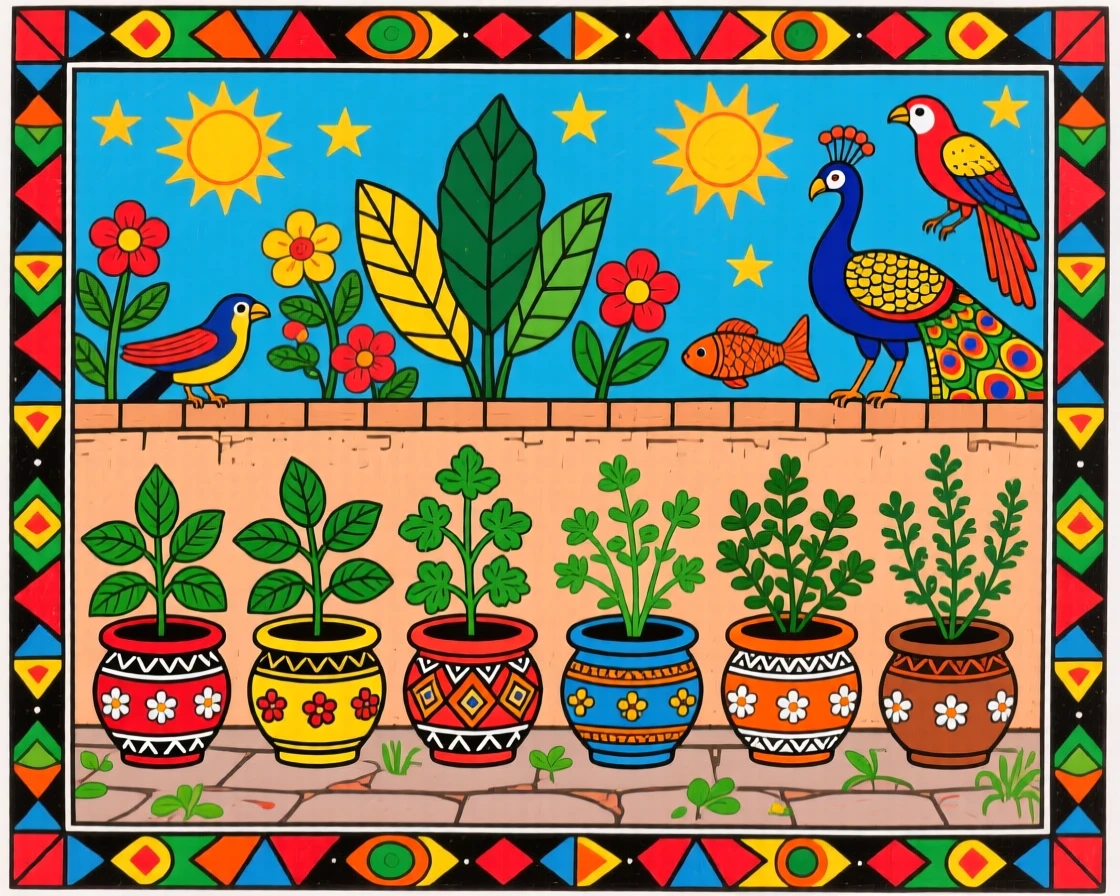 A courtyard herb garden with clay pots arranged along a low wall.