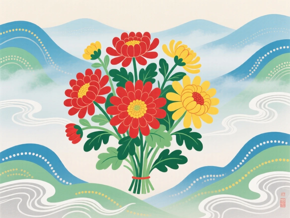 A bouquet of wild chrysanthemums in a misty valley.