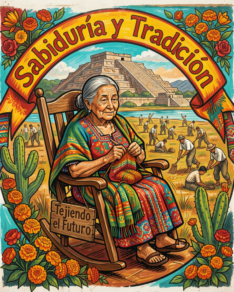 A grandmother rocking gently in a chair while knitting