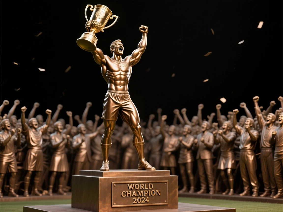 A champion raising a trophy to a roaring crowd, with fine, expressive facial detail, forming a strong central focal point
