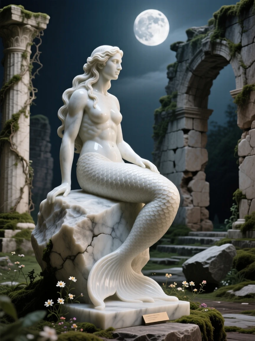 A mermaid perched on a moonlit rock, amid ancient ruins reclaimed by nature, radiating power and legend