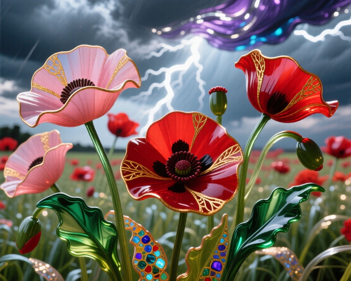 A field of red poppies swaying beneath a dramatic stormy sky, vivid and dynamic.