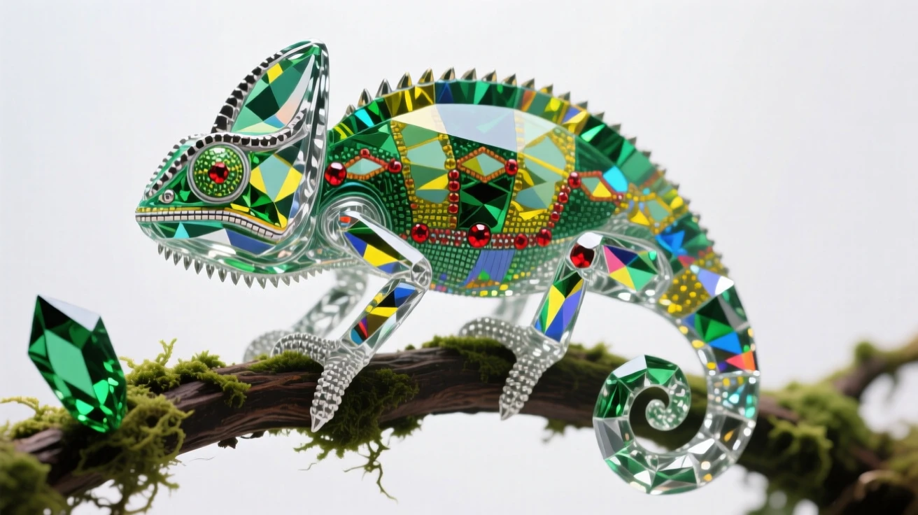 A colorful chameleon walking along a mossy branch in a rainforest understory.