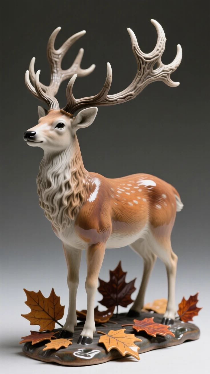 A majestic stag with towering antlers gazing calmly toward the horizon, framed by scattered autumn leaves, conveying calm strength and quiet pride.