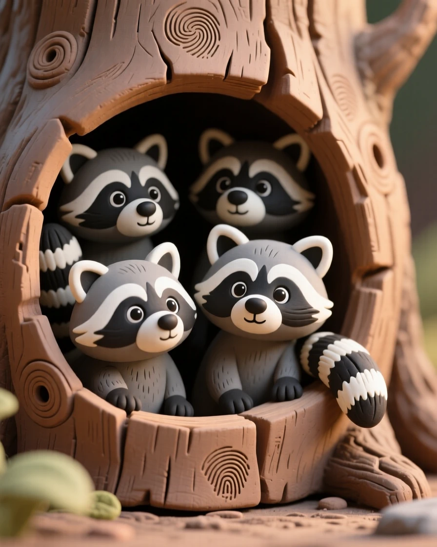 A litter of raccoon kits peeking curiously from a hollow stump