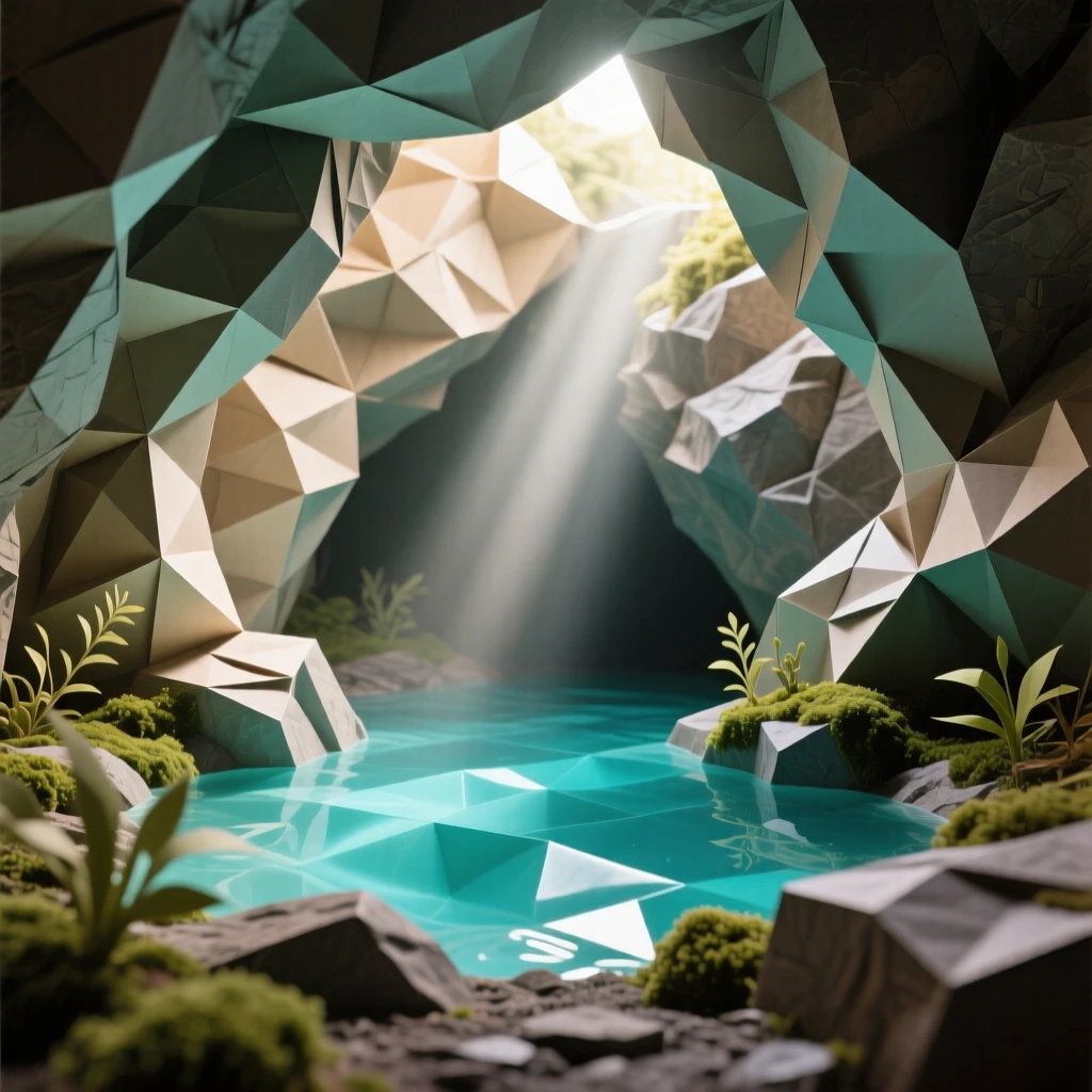 A hidden grotto where sunlight streams through an opening in the rock, illuminating turquoise water below.