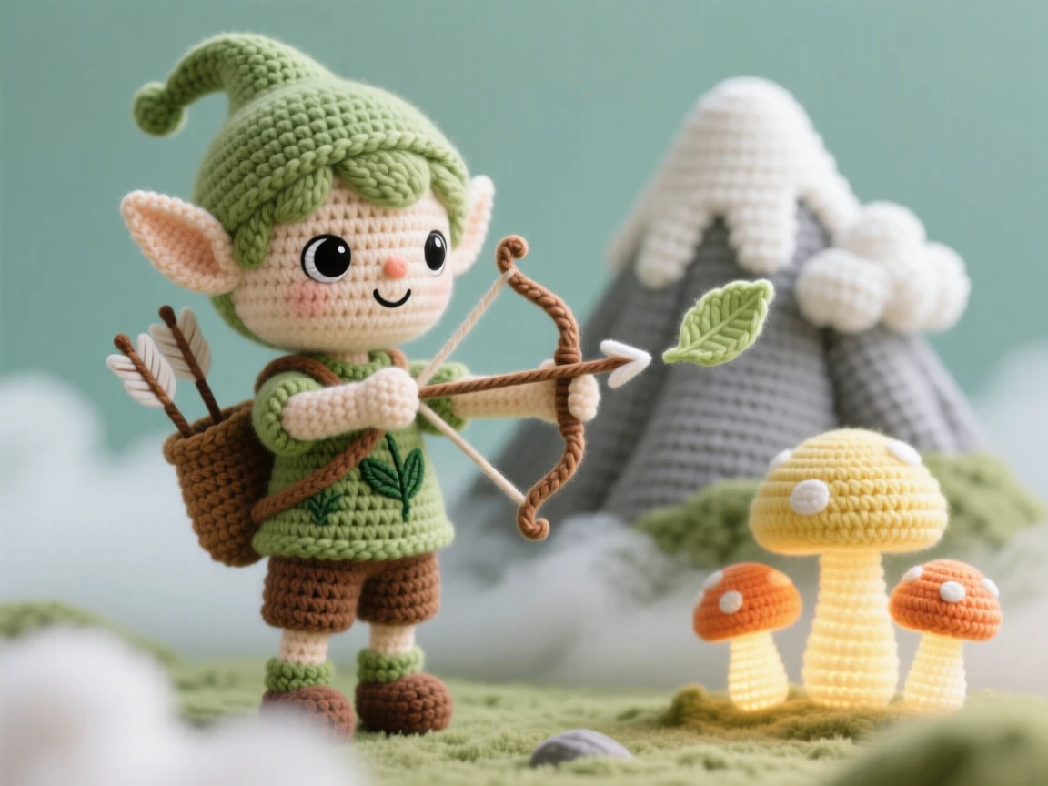 a tiny elf archer, with pointed ears and a small quiver of arrows, aiming playfully at a floating leaf, within a misty mountain peak wrapped in soft clouds, near a cluster of luminous mushrooms, radiating playful whimsy and lighthearted charm.