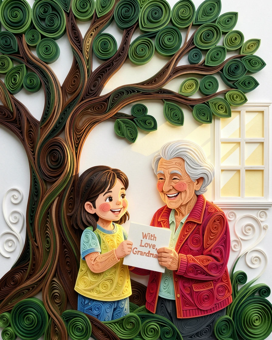 A heartwarming moment of a child giving a handmade card to a delighted grandparent beneath the shade of a large oak tree, with gentle sunlight highlighting joyful smiles, framed with soft natural light streaming through a window.