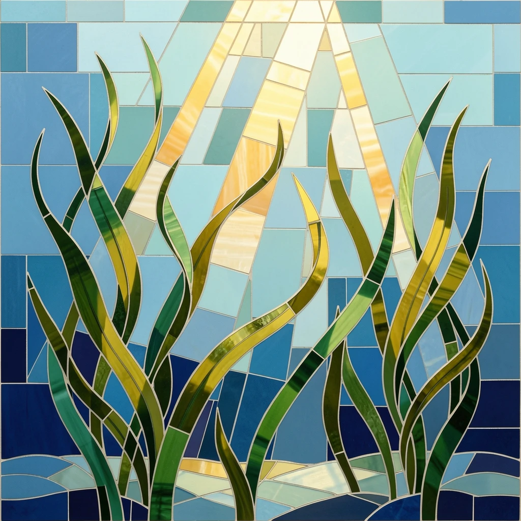 A kelp forest swaying gently with shafts of sunlight breaking through.