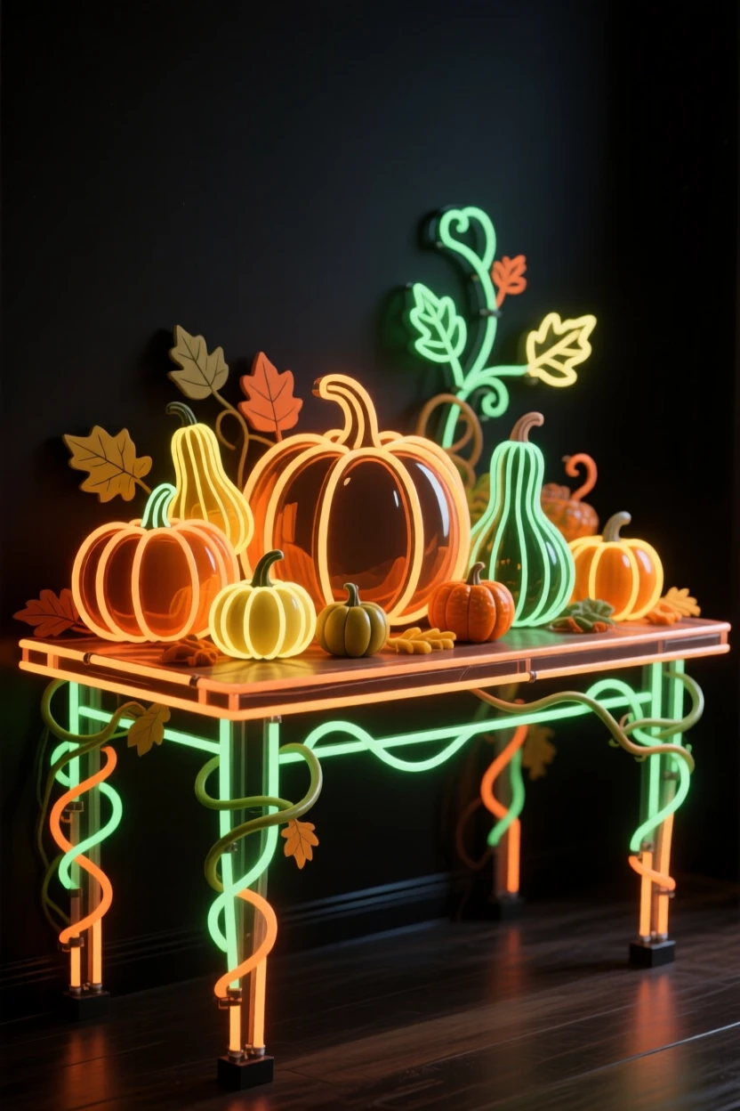 A harvest festival table piled high with pumpkins and gourds.