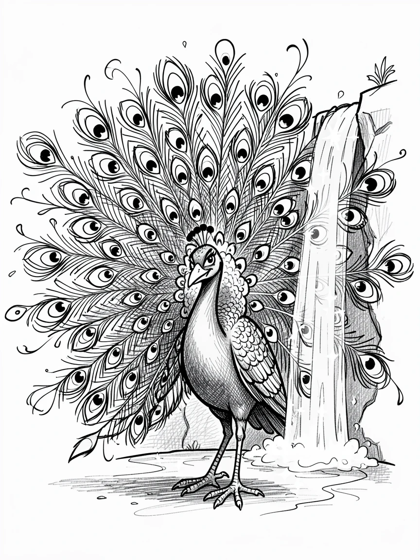 A peacock displaying its feathers near a sparkling waterfall.