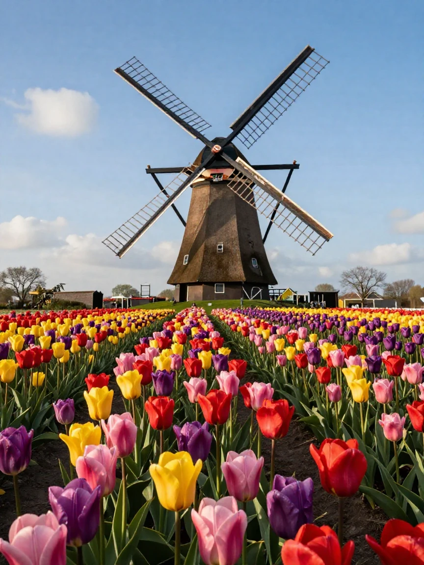 A traditional windmill turning against a Dutch tulip field