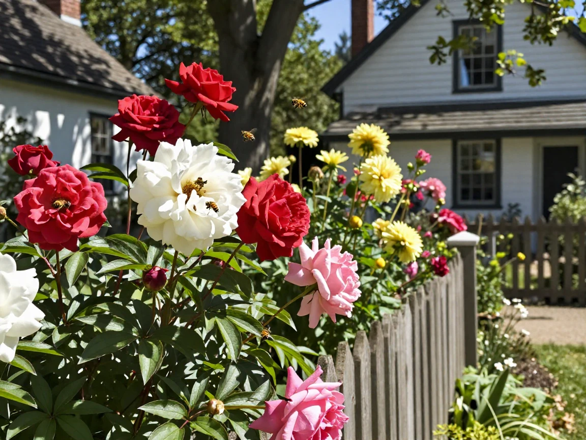 A cottage garden overflows with impossibly oversized blooms buzzing with bees.