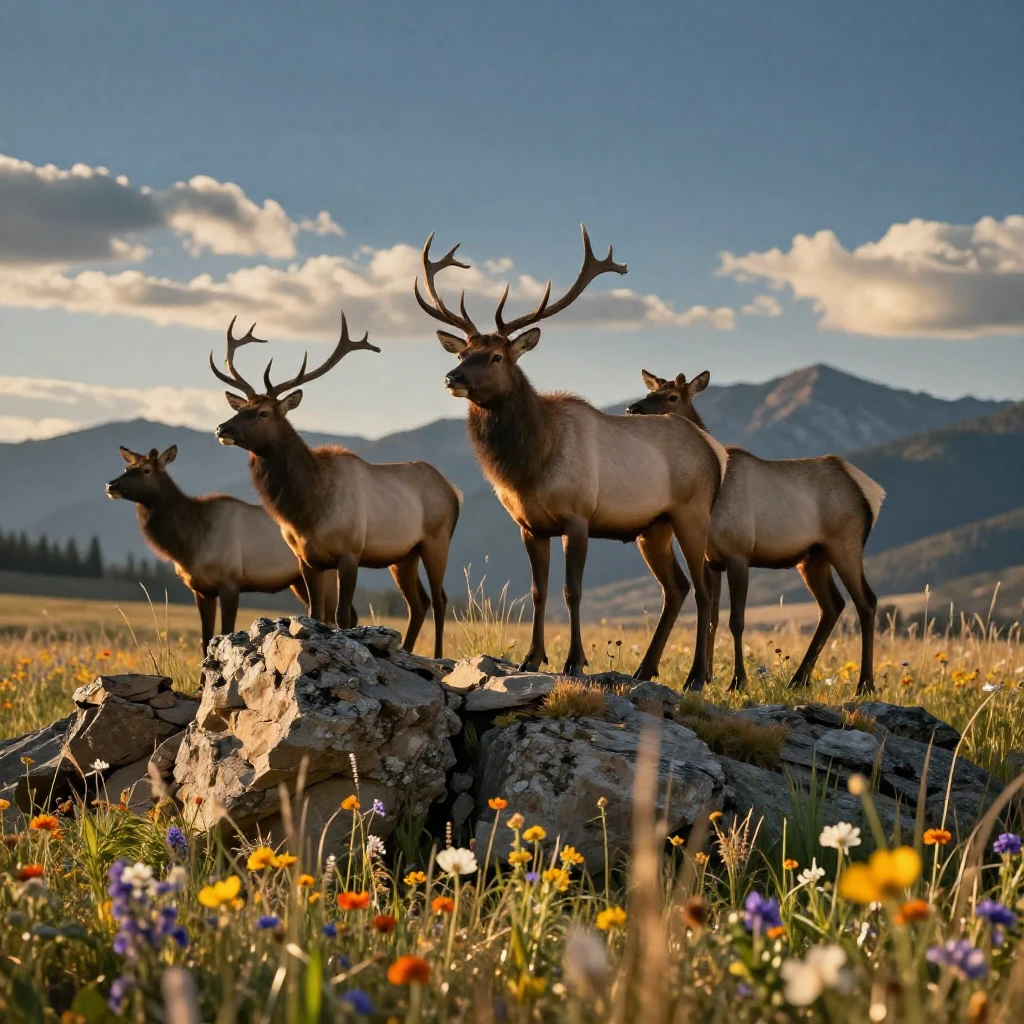 A herd of elk watching alertly from atop a rocky outcrop through a field of tall wildflowers