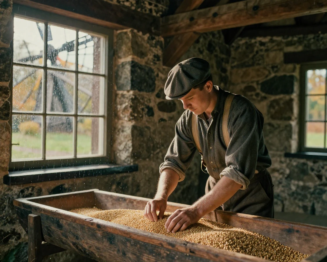 A miller checking grain inside an old stone windmill, under harsh midday sun, under a light drizzle, in the mild days of early autumn, with deep emerald greens and browns, through a rain-streaked window.