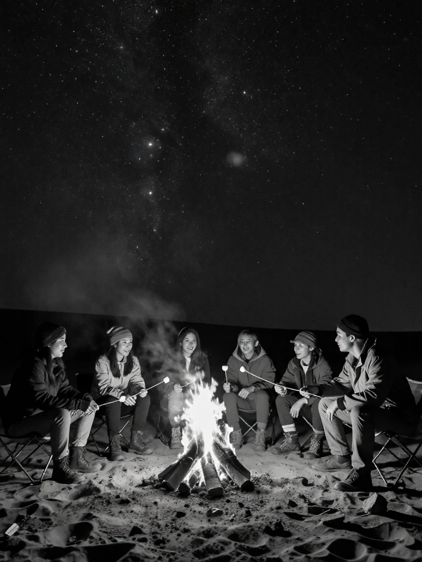 A group of campers roasts marshmallows over a fire beneath a canopy of desert stars.