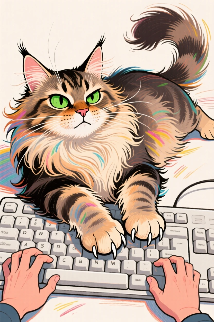 A fluffy Maine Coon cat sprawled dramatically across a keyboard, blocking someone from typing.