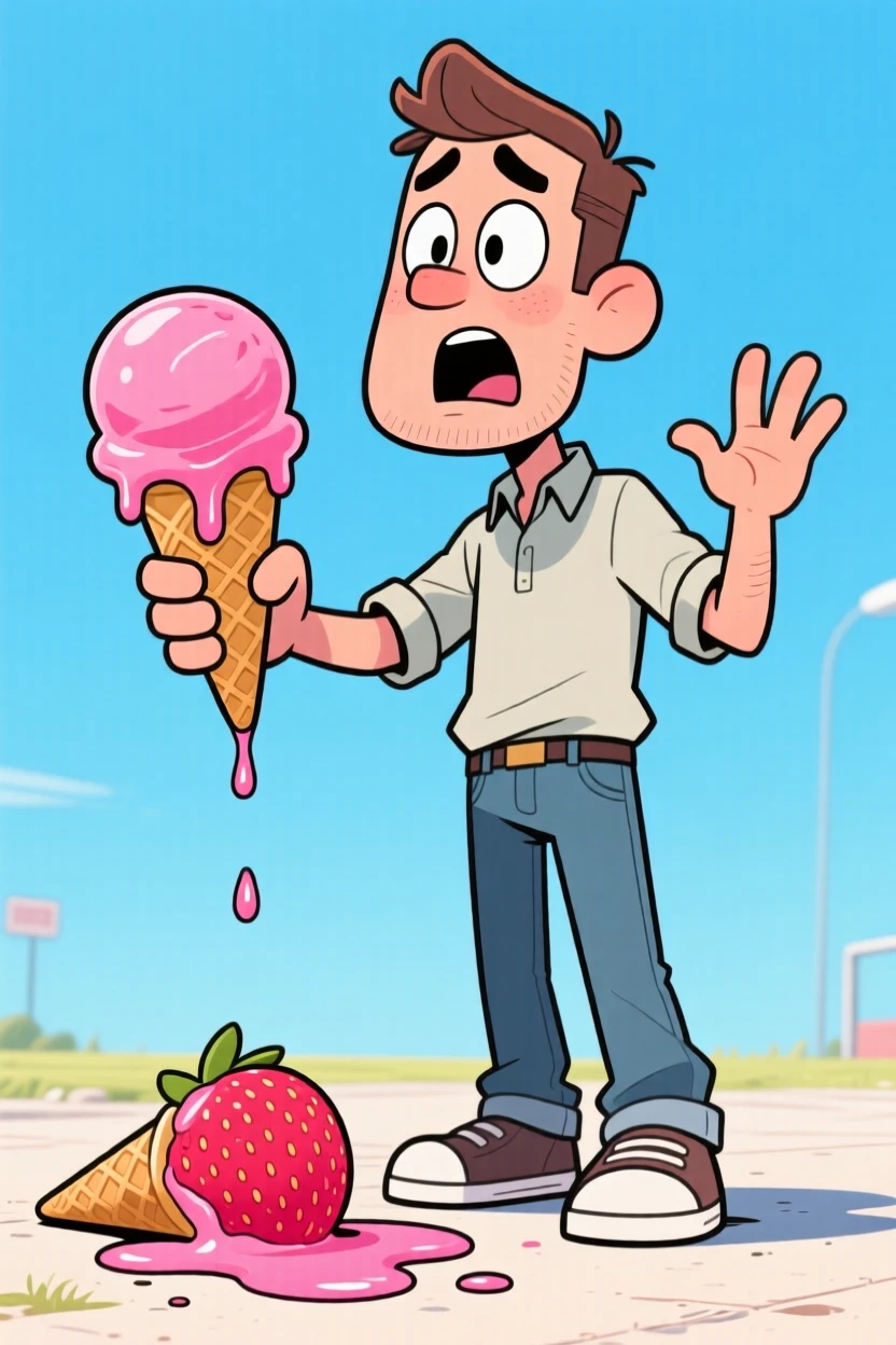 A funny expressive moment showing a man discovering his ice cream scoop toppled off the cone the moment he looked away.