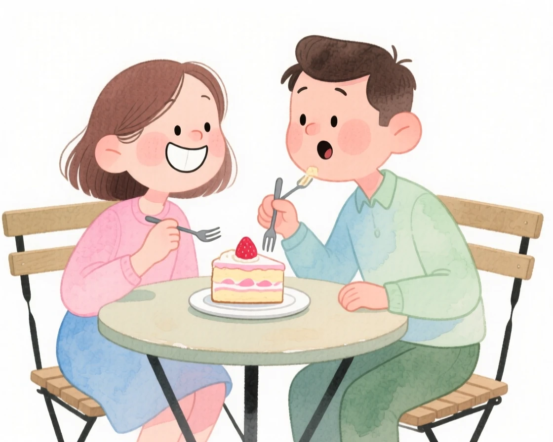 A couple on a countryside getaway sharing a slice of cake at a small café table