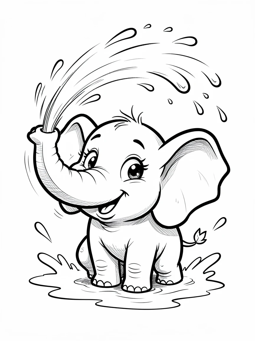 [Cute Animals & Pets] Adorable scene of a curious baby elephant spraying water playfully with its trunk, bursting with charm and playful energy