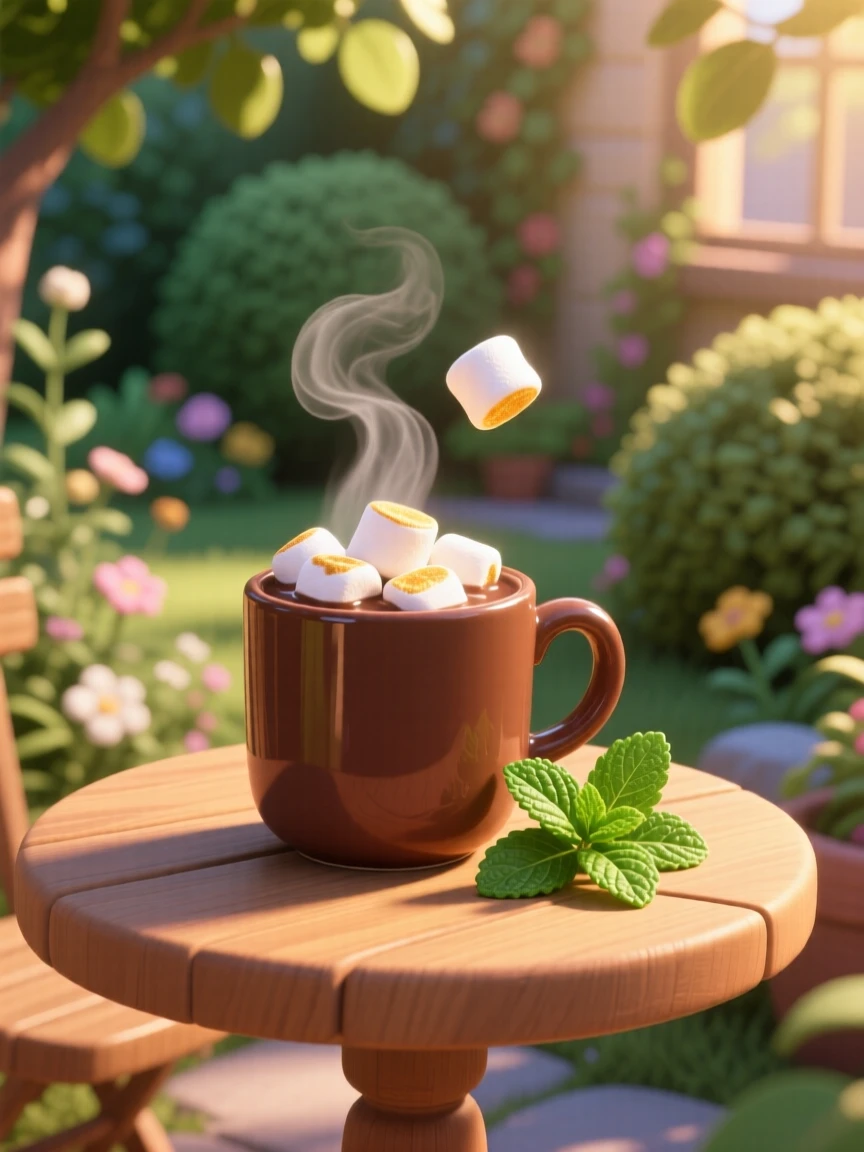A steaming mug of hot chocolate topped with marshmallows sits at a small table overlooking a garden, garnished with a sprig of fresh mint. A cheerful, mouthwatering warmth surrounds the dish.