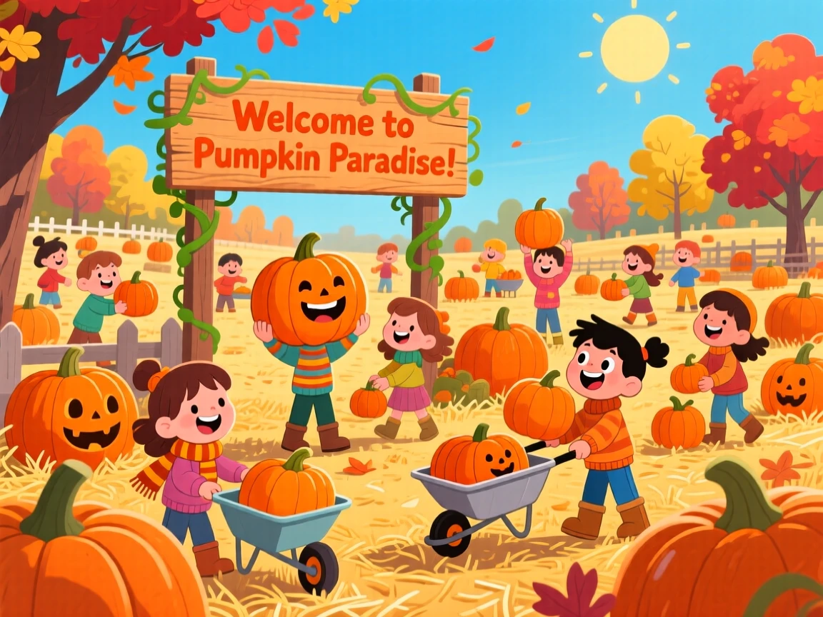 A pumpkin patch full of children choosing the perfect pumpkin.