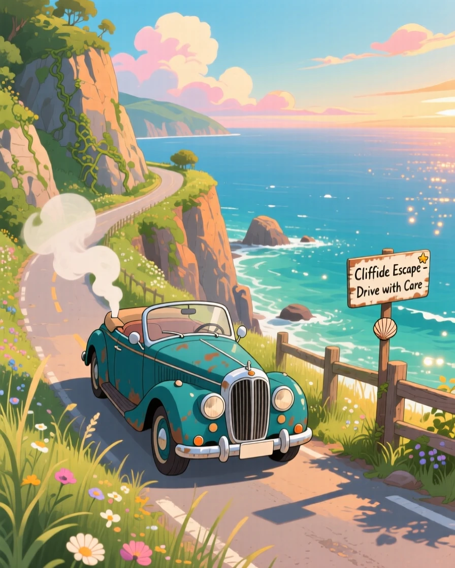 A charming scene of a vintage car winding along a coastal cliffside road, with steam and light trailing behind it.