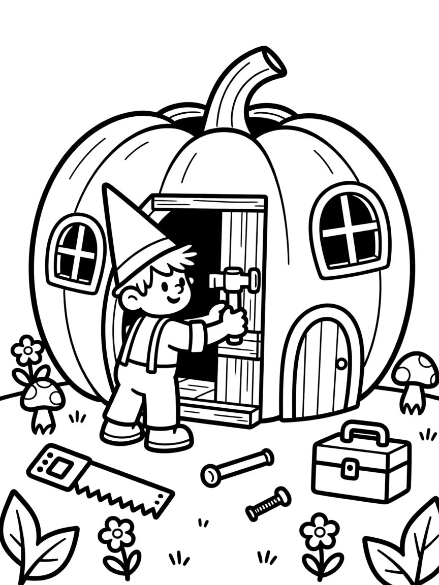 A gnome carpenter building a tiny house inside a pumpkin