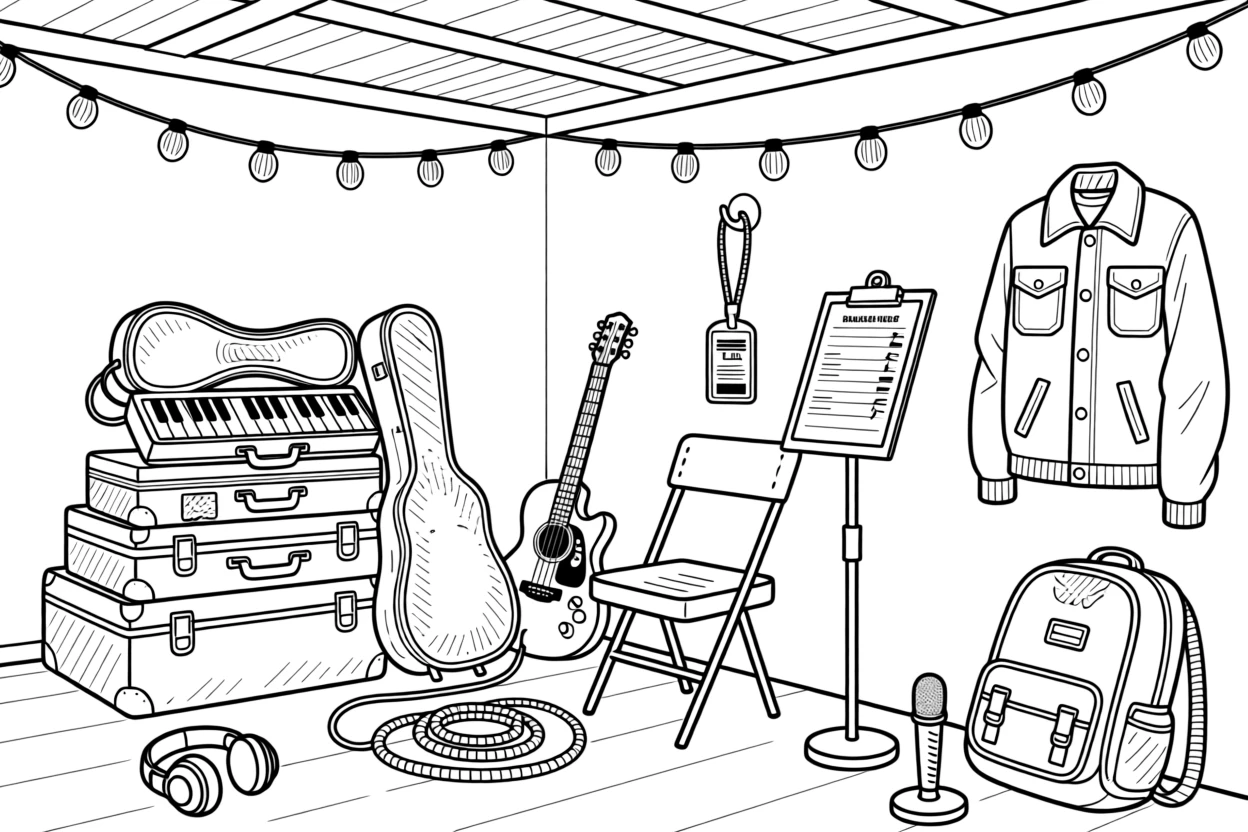 A backstage pass hanging beside a pile of instrument cases, with string lights strung across the ceiling.