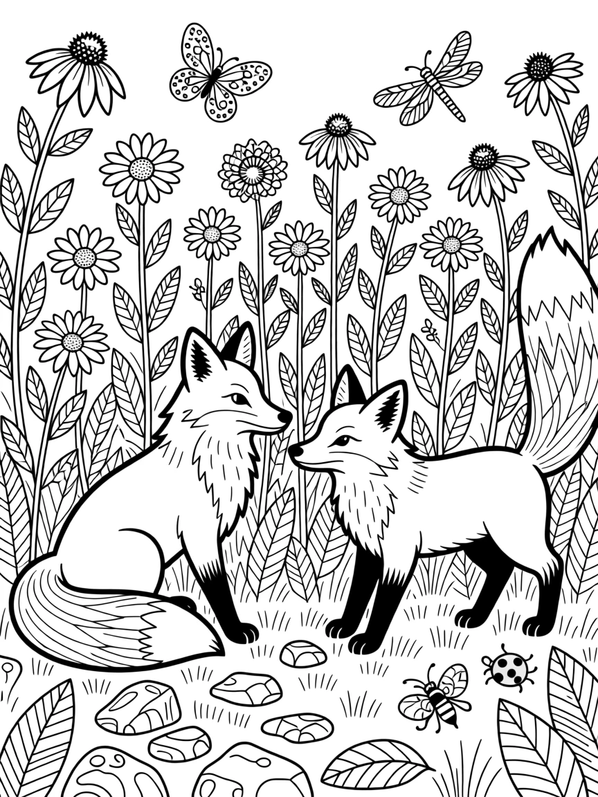 A pair of foxes playing in a field of tall wildflowers.