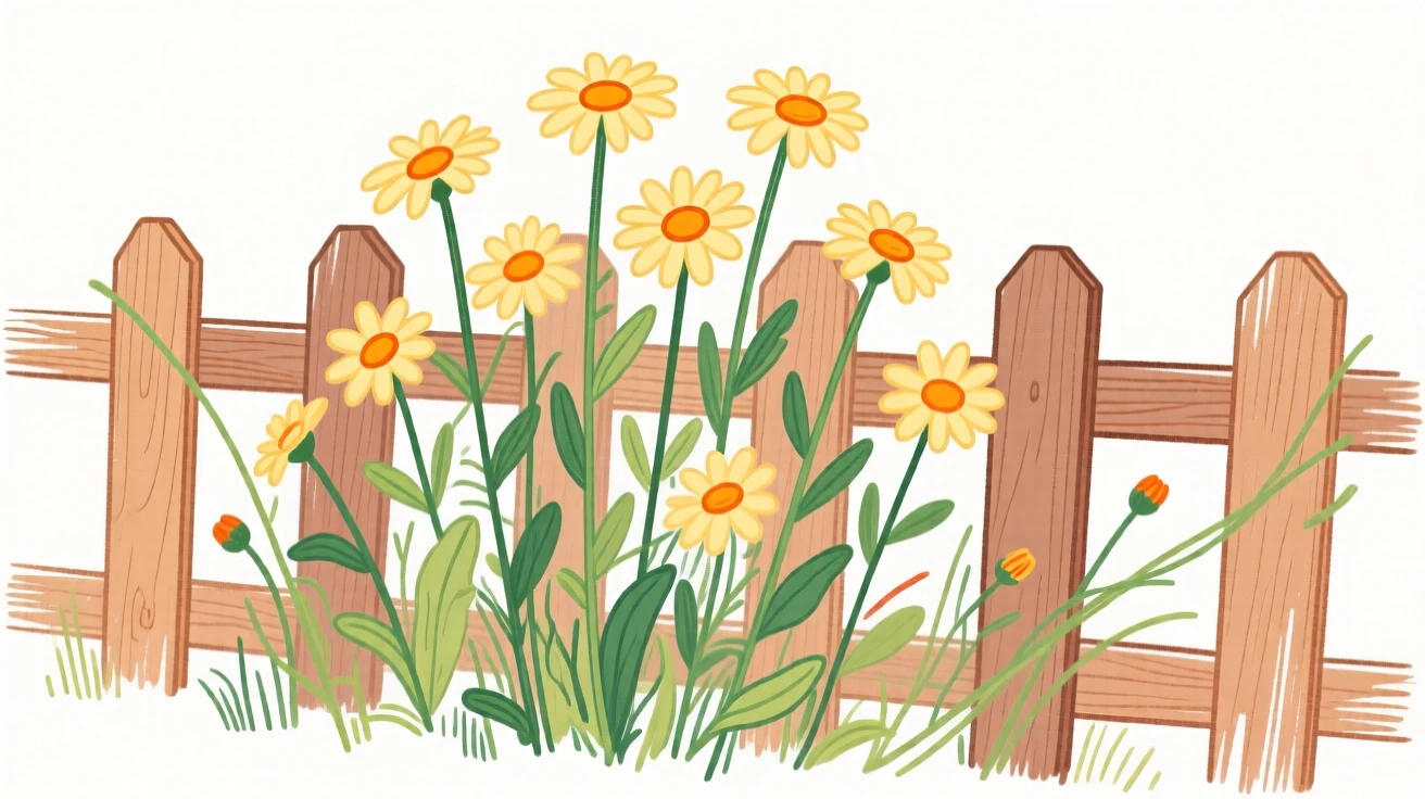 A cluster of wild daisies growing along a fence.