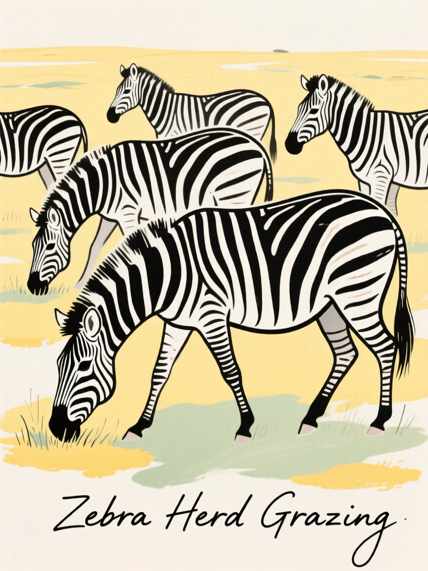 A zebra herd grazing on the plains