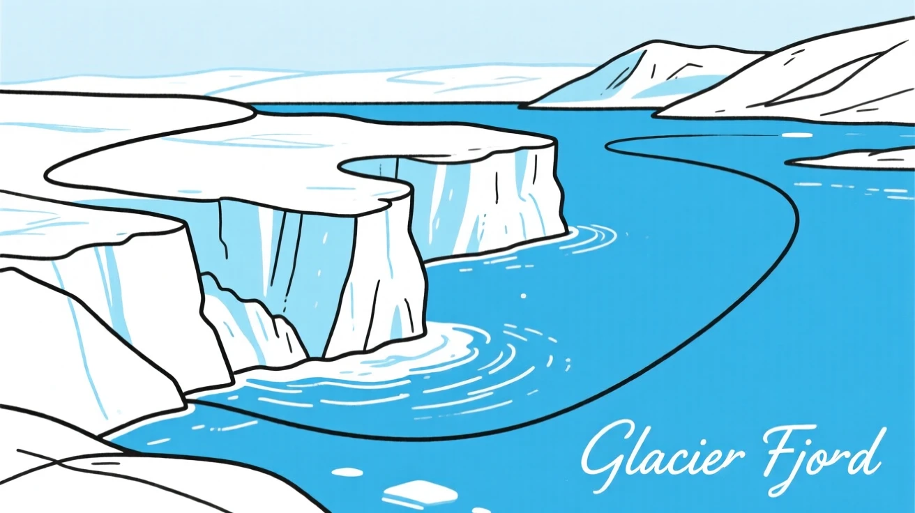 A glacier calving into a deep blue fjord.