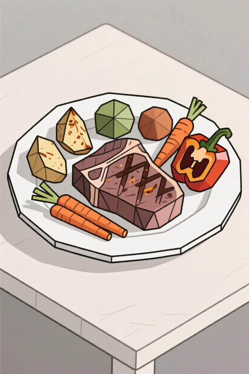 A plate of grilled steak with roasted vegetables