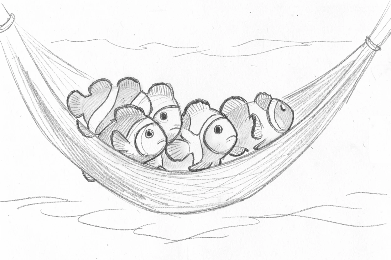 A school of colorful clownfish dozing in a hammock, with fur glowing in the sunset light.