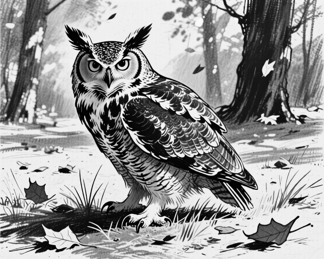 A great horned owl playing together in a sun-dappled clearing.