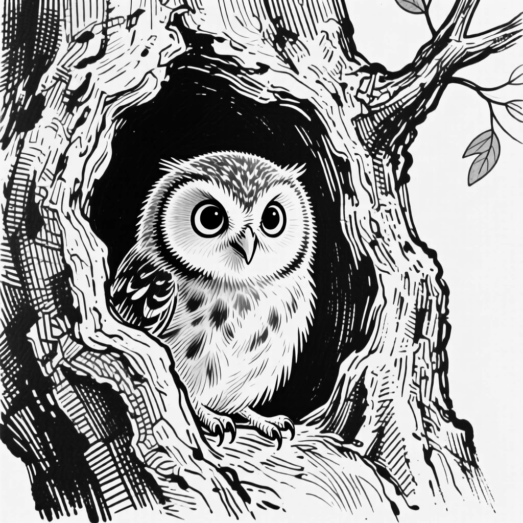 A small owl chick peeking out from a tree hollow.