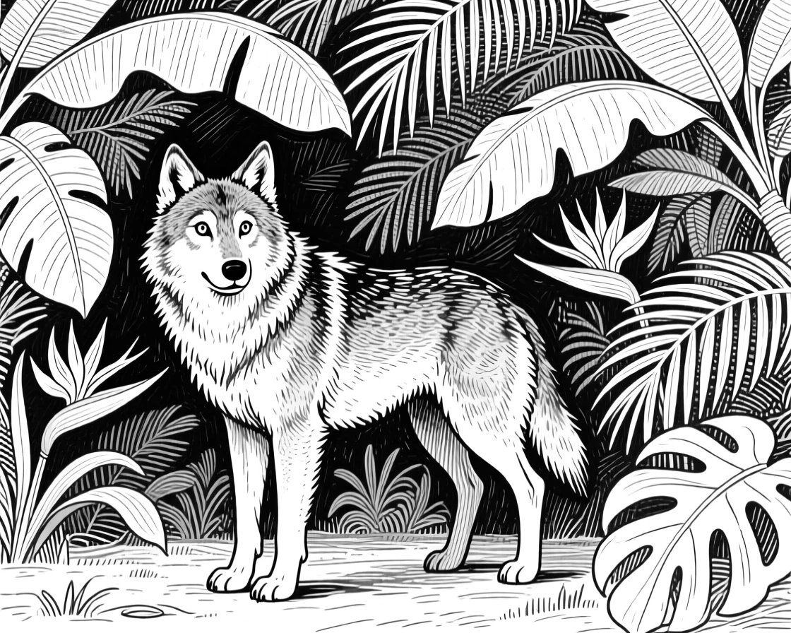 A wandering wolf beneath a canopy of tropical leaves, eyes alert and watchful, capturing a playful and lighthearted moment in nature with a strong, centered focal point.