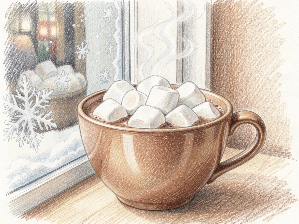 A cozy cup of hot cocoa topped with marshmallows beside a snowy window, with steam gently rising into the warm air, celebrating the joy of shared meals and gatherings.