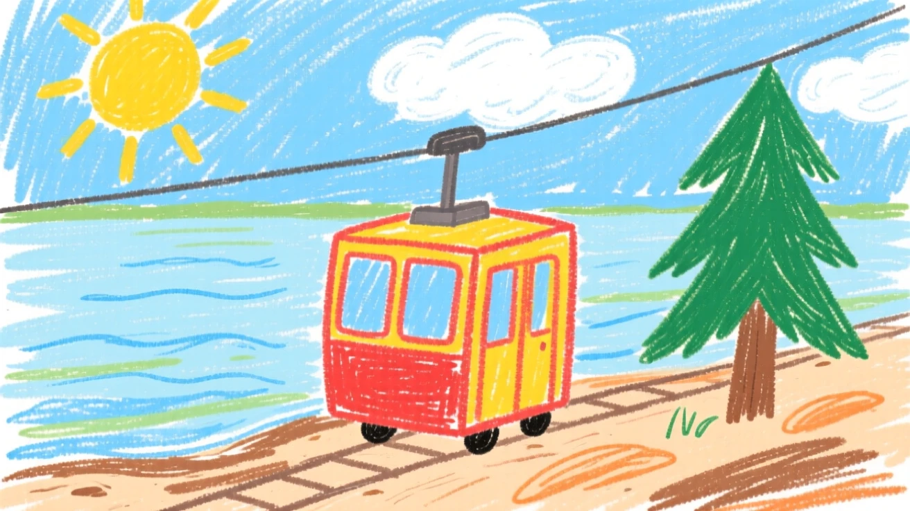 A cable car resting on the shore of a calm lake.