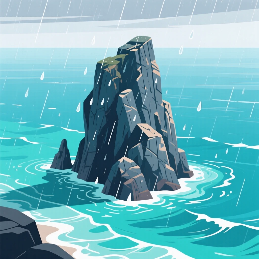 A dramatic sea stack rising from turquoise ocean water, with a light rain shower passing softly through, shown from an elevated viewpoint overlooking the scene, with a fresh, crisp clarity that highlights every detail.