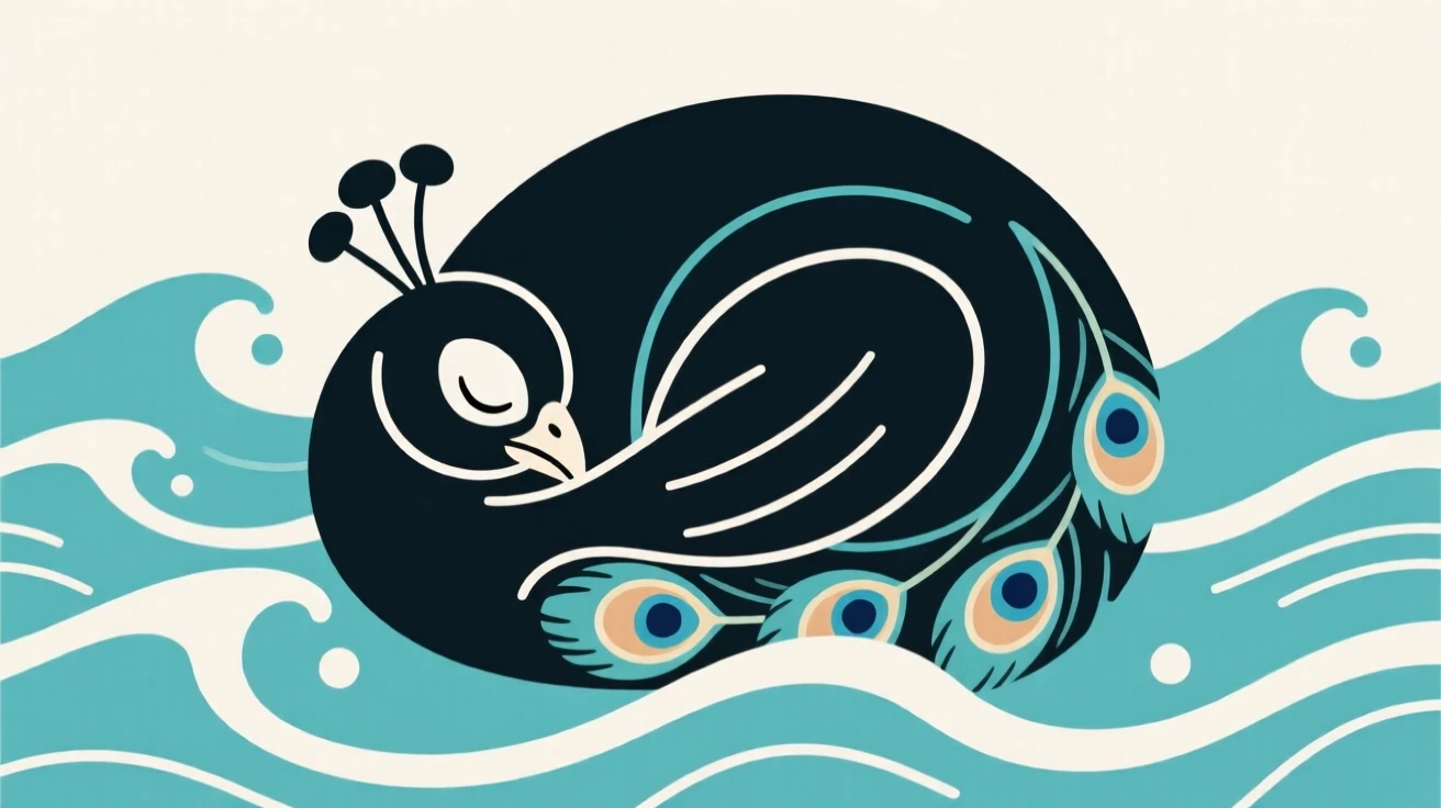 A close-up view of a peacock curled up asleep, surrounded by gentle ocean waves, full of playful energy.