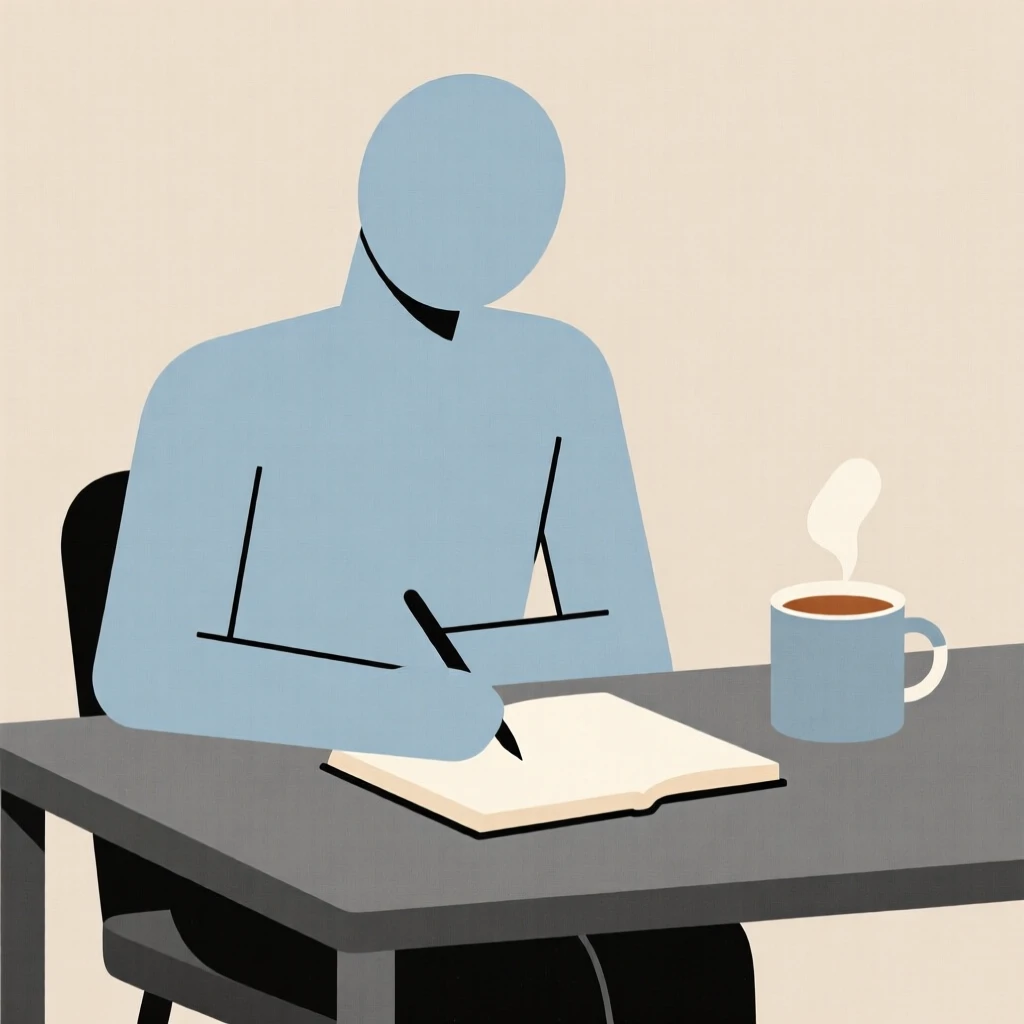 A person journaling with a cup of tea nearby