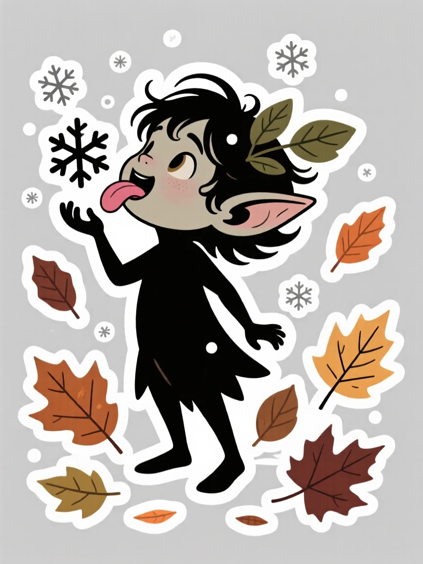 A mischievous small forest sprite catching snowflakes on its tongue, among scattered autumn leaves.